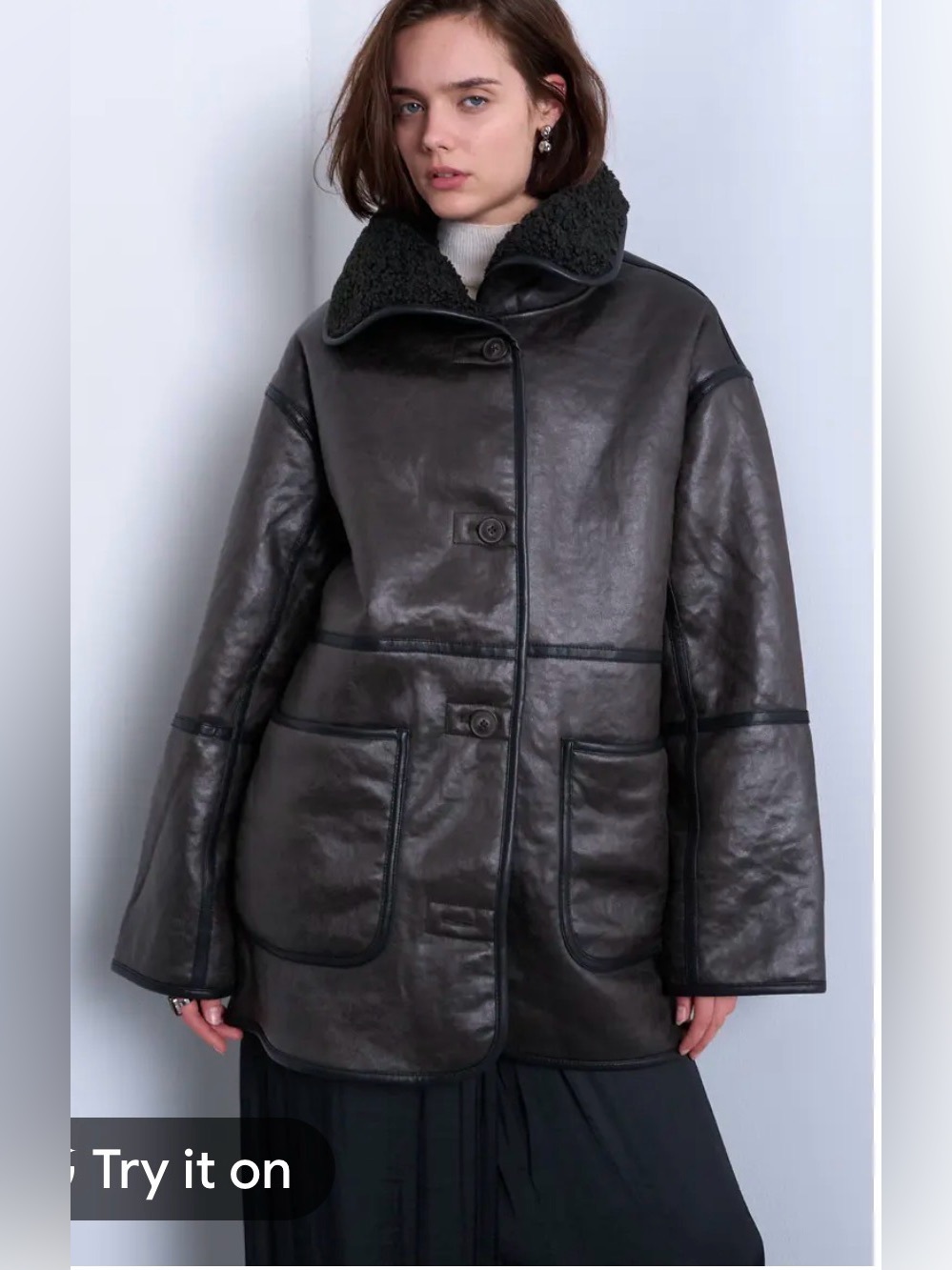 Topshop Dark Brown Faux Shearling-Trimmed Leather Jacket